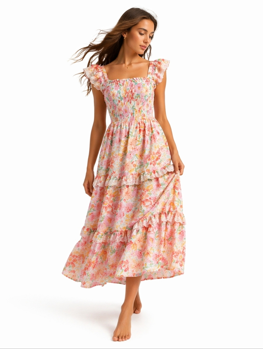 Haute Hippie  Women Floral Cottagecore Dress Pink Smocked Tiered Boho Size 4